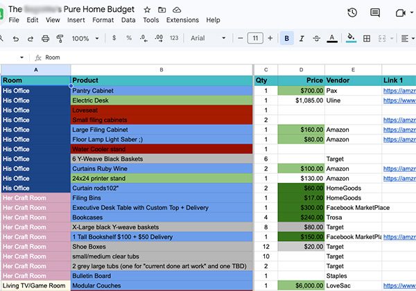 Pure Home Spreadsheet Example