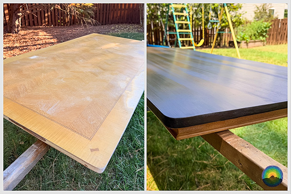 A thrifted desk with laminate top coming off gets restored with Kona gel stain.