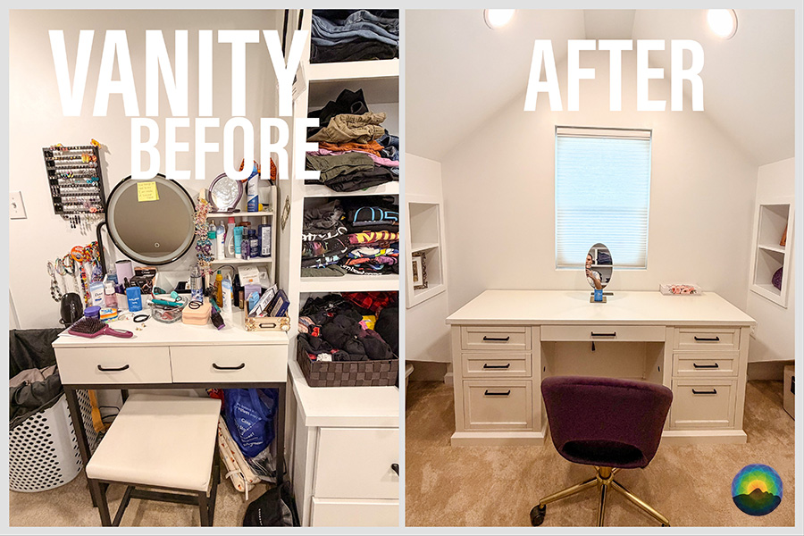 Vanity Redesign with thrifted desk that has ample storage.